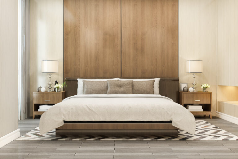 3d rendering  luxury modern bedroom suite in hotel with tv and cabinet