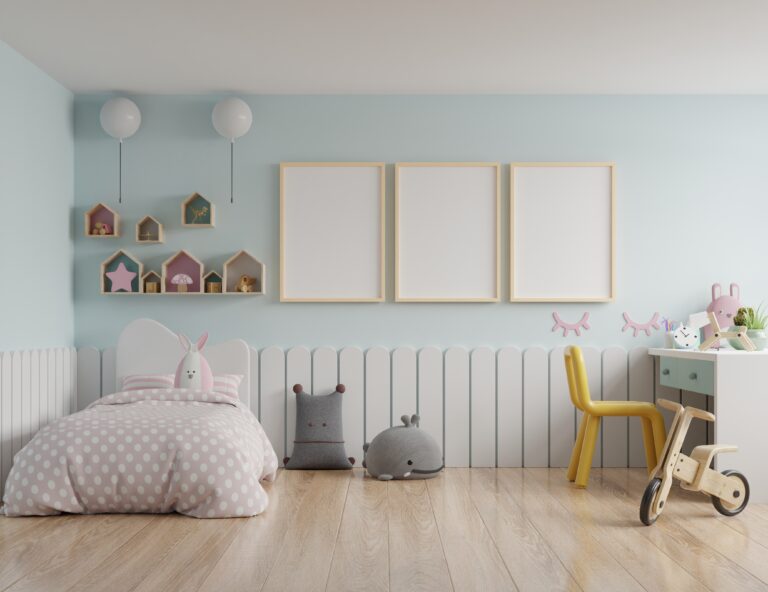 Children's bedroom with a roof house and blue walls/mockup poster frame in children room,3d rendering